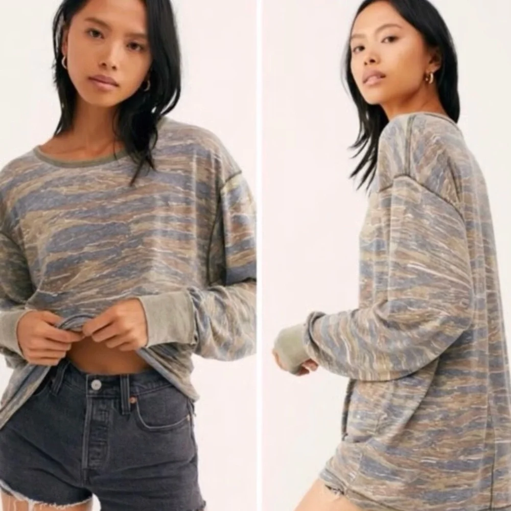 Free People/We The Free Arielle Long Sleeve Top-Camo Tiger Combo